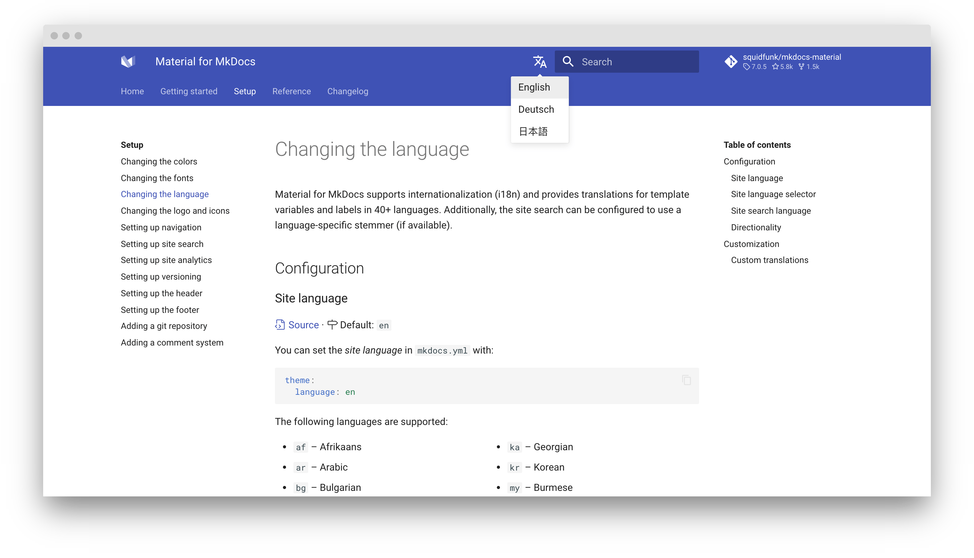 Language selector preview